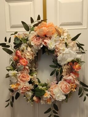 Hand Crafted Blush, Peach & Cream Floral Wreath - 21"X20", Opening 9"